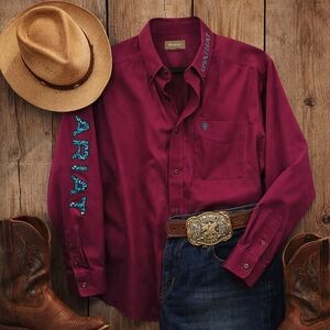 Ariat NWOT twill Burgandy Embroidered L Sleeve Button Western Shirt. Mens XL